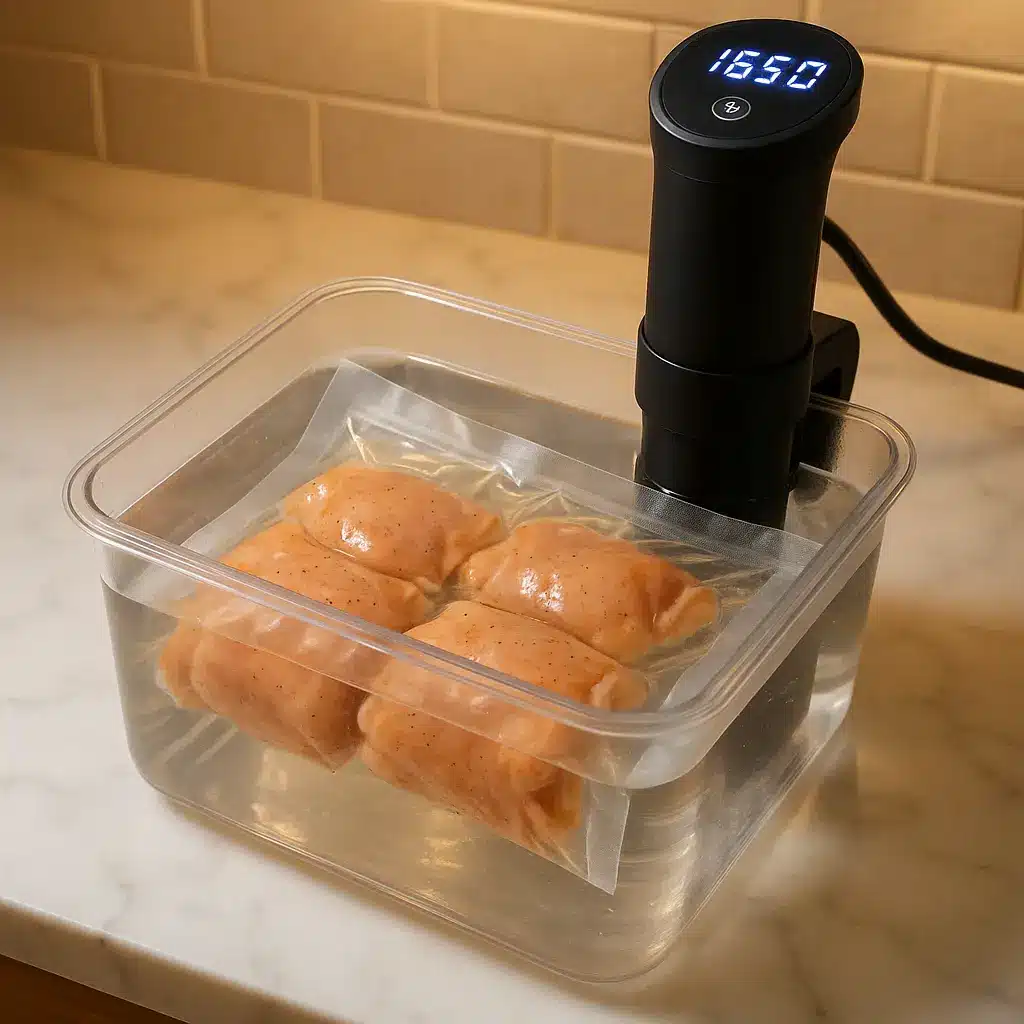 Sous Vide Chicken Thighs Boneless Skinless: Pro Secrets for Juicy, Fail-Proof Flavor 6 Boneless chicken thighs cooking in sous vide bath on marble counter