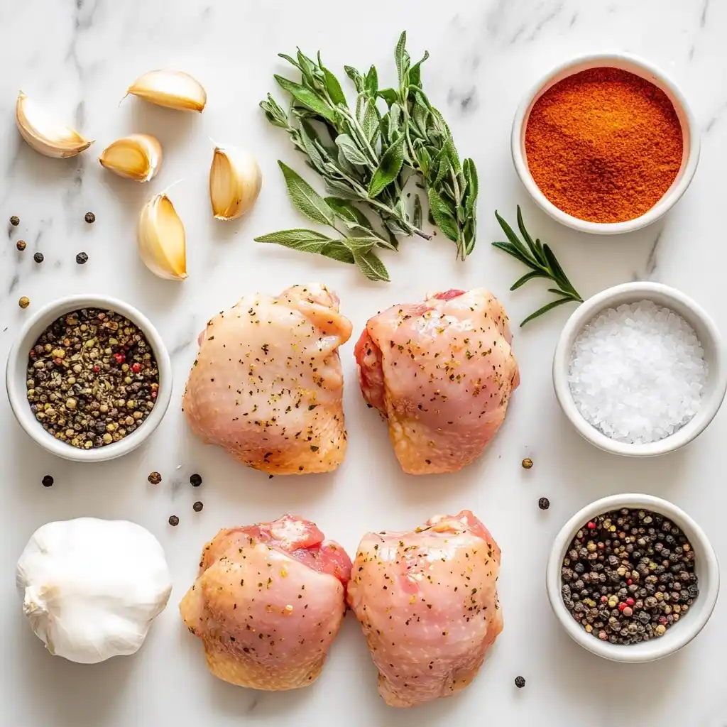 Sous Vide Chicken Thighs Boneless Skinless: Pro Secrets for Juicy, Fail-Proof Flavor 5 Ingredients for sous vide boneless skinless chicken thighs arranged on white marble