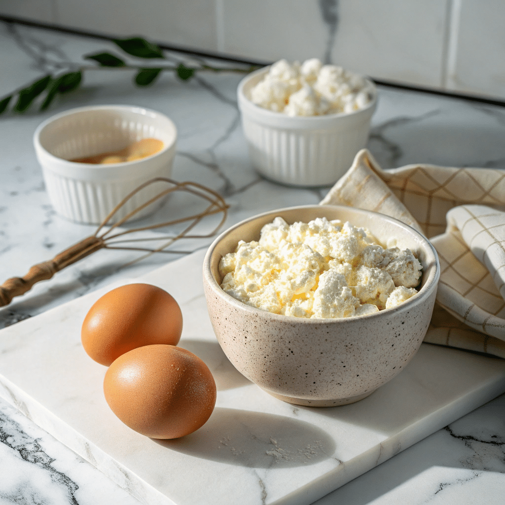 Why You’ll Love the 2 Ingredient Cottage Cheese Pizza Crust No Flour: A Healthy Twist 8 Cottage cheese and eggs on a white marble countertop