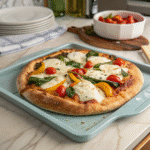 Why You’ll Love the 2 Ingredient Cottage Cheese Pizza Crust No Flour: A Healthy Twist 6 Cottage cheese crust pizza topped with vegetables on a blue tray