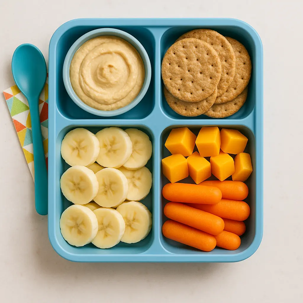How to Make Brown Bag Lunch Ideas for Picky Eaters Exciting and Delicious 14 DIY hummus snack box with crackers and fruit