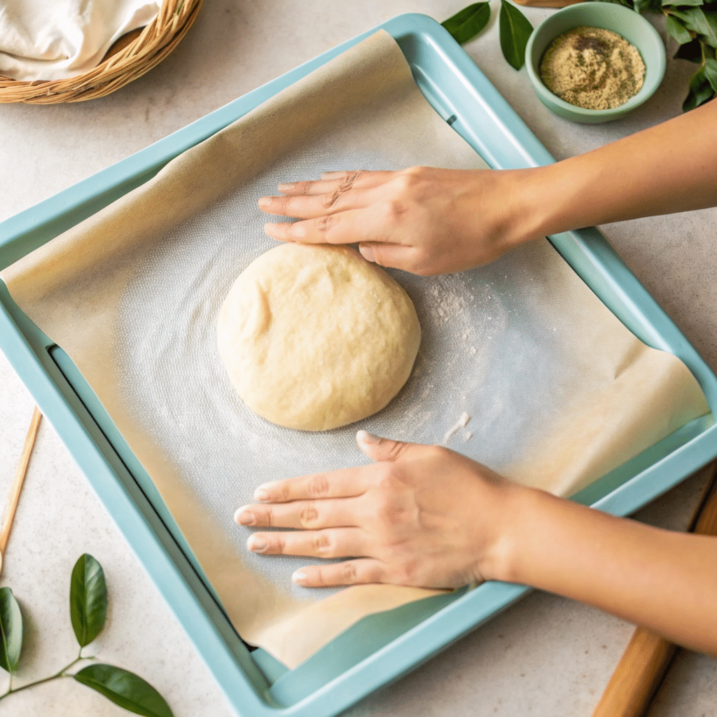 Why Almond Flour Cottage Cheese Pizza Crust Is the Smart, Delicious Choice almond flour cottage cheese pizza crust Shaping almond flour cottage cheese crust on baking tray