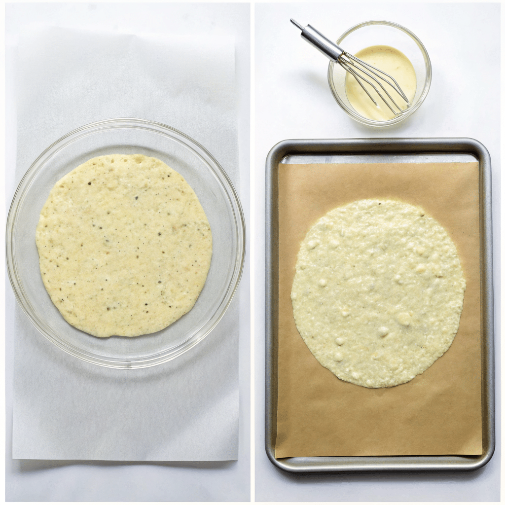 5 Creative Twists on Cottage Cheese and Egg Pizza Crust Recipe Cottage Cheese and Egg Pizza Crust Cottage cheese and egg pizza crust batter spread on parchmen