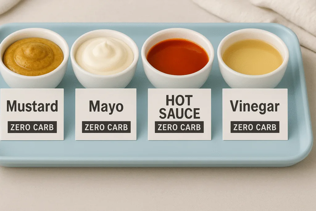 Sauces & Dressings That Won’t Break Your Zero Carb Streak zero carb sauces dressings fast food Top-down view of spicy mustard, sugar-free mayo, and vinegar on wooden board